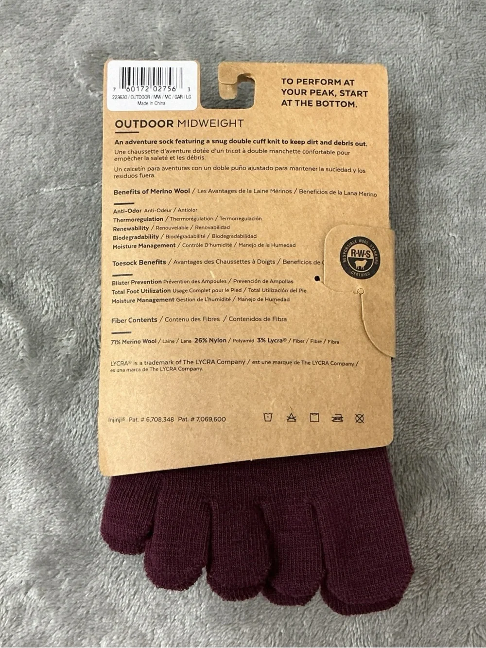 Injinji Mini Crew Length Midweight Merino Wool Toe Socks Hike Large mens 11-13
